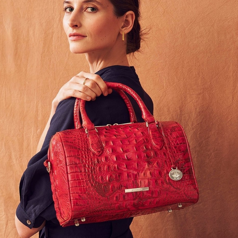 NWT Brahmin Melbourne Stacy Red Flare Croc Embossed Leather Satchel